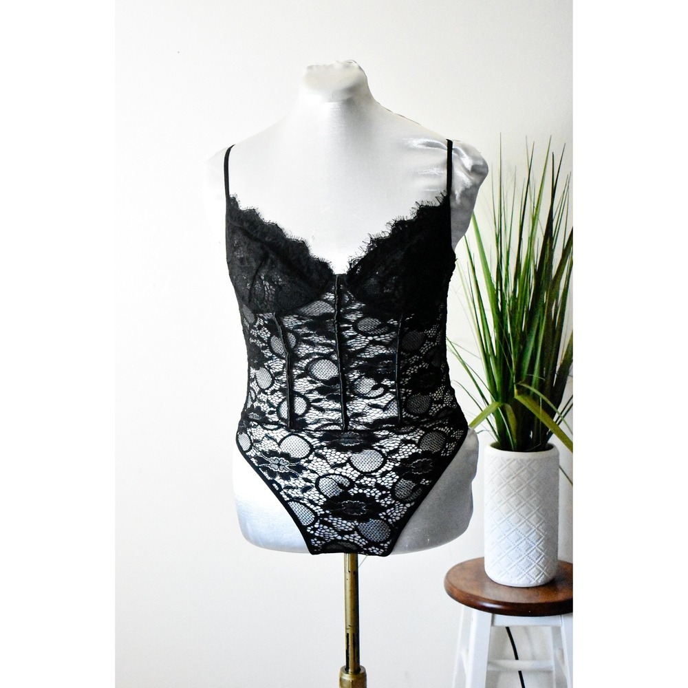 SHEIN Bodysuit Women XL Black Modern Lace Corset Eyelash Trim Boning Sexy Goth